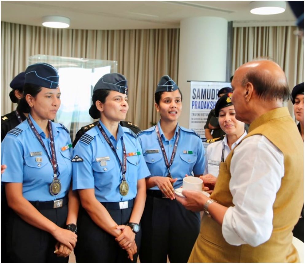 Rajnath Singh felicitated nine women officers in New Delhi for successfully completing Samudra Pradakshina, India's first-ever Tri-Service all-women circumnavigation sailing expedition